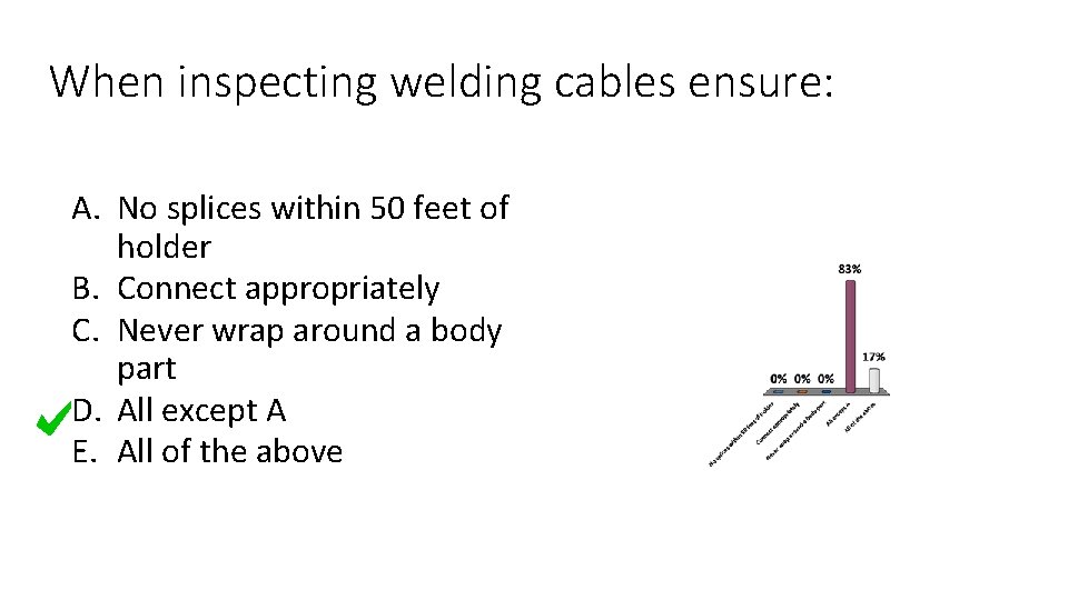 When inspecting welding cables ensure: A. No splices within 50 feet of holder B.