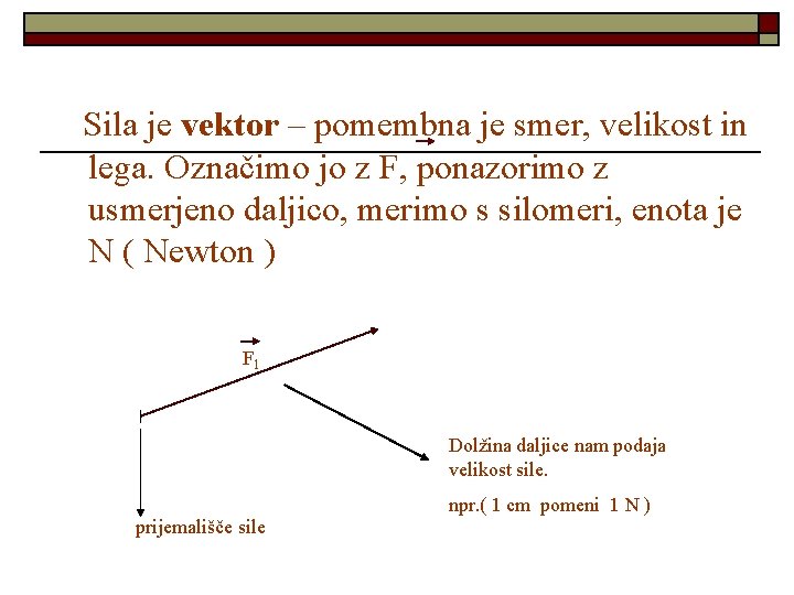 Sila je vektor – pomembna je smer, velikost in lega. Označimo jo z F,