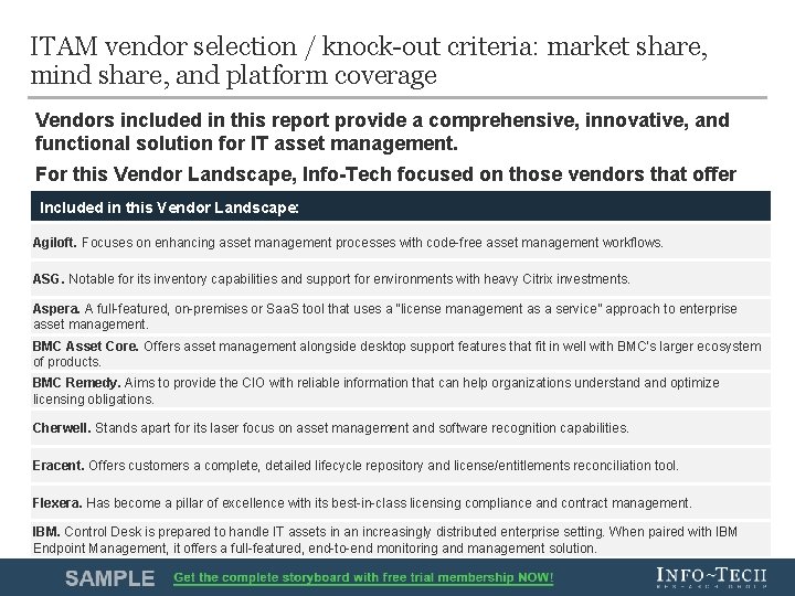 ITAM vendor selection / knock-out criteria: market share, mind share, and platform coverage Vendors ITAM vendor selection / knock-out criteria: market share, mind share, and platform coverage Vendors