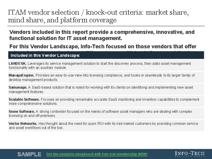 ITAM vendor selection / knock-out criteria: market share, mind share, and platform coverage Vendors ITAM vendor selection / knock-out criteria: market share, mind share, and platform coverage Vendors
