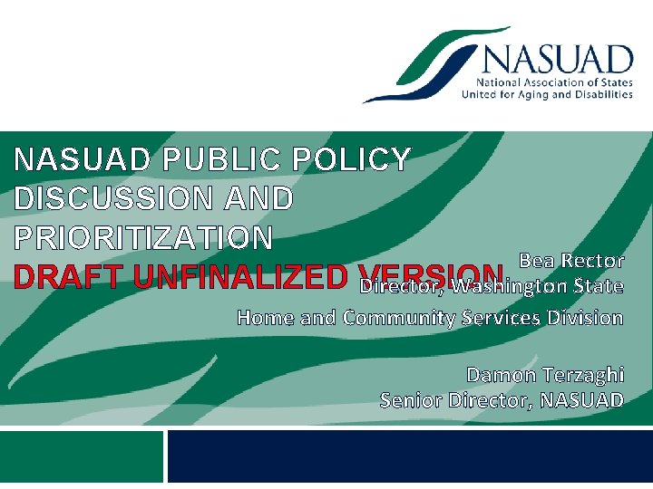 NASUAD PUBLIC POLICY DISCUSSION AND PRIORITIZATION Bea Rector DRAFT UNFINALIZED VERSION Director, Washington State