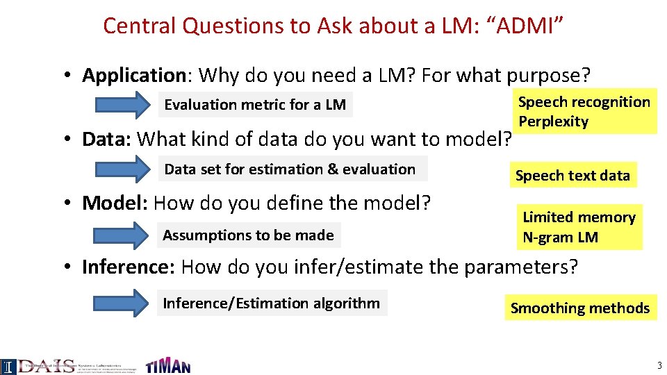 Central Questions to Ask about a LM: “ADMI” • Application: Why do you need