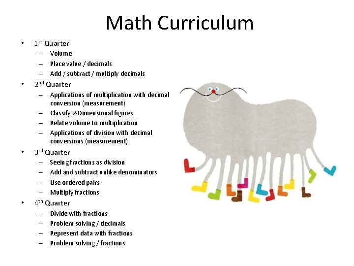 Math Curriculum • 1 st Quarter – Volume – Place value / decimals –