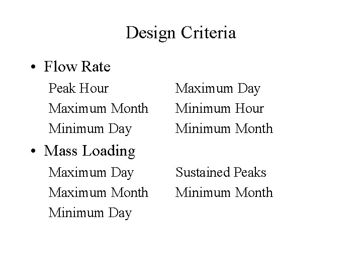Design Criteria • Flow Rate Peak Hour Maximum Month Minimum Day Maximum Day Minimum