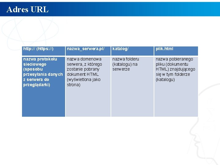 Adres URL http: // (https: //) nazwa_serwera. pl/ katalog/ plik. html nazwa protokołu sieciowego