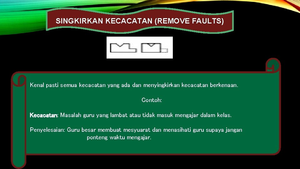 SINGKIRKAN KECACATAN (REMOVE FAULTS) Kenal pasti semua kecacatan yang ada dan menyingkirkan kecacatan berkenaan.