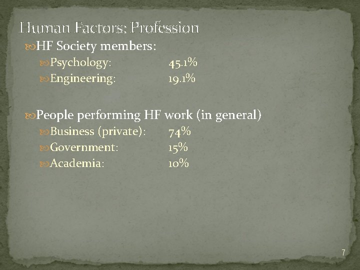 Human Factors: Profession HF Society members: Psychology: Engineering: 45. 1% 19. 1% People performing