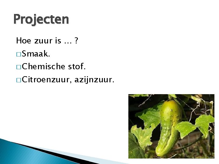 Projecten Hoe zuur is … ? � Smaak. � Chemische stof. � Citroenzuur, azijnzuur.