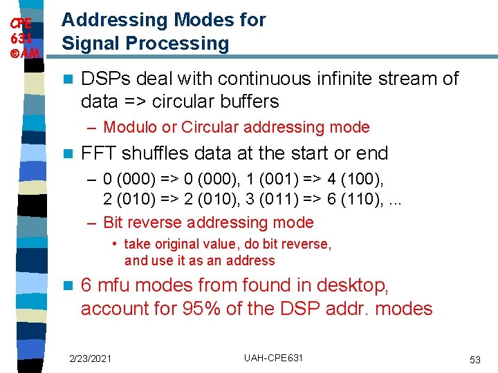 CPE 631 AM Addressing Modes for Signal Processing n DSPs deal with continuous infinite