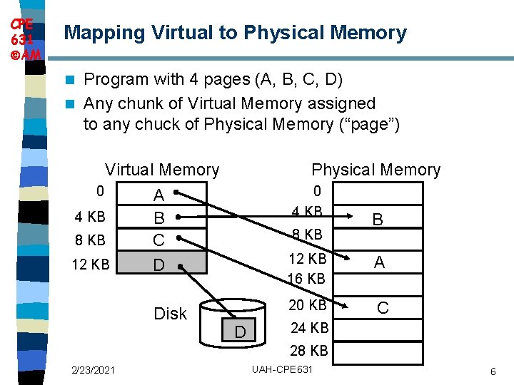 CPE 631 AM Mapping Virtual to Physical Memory Program with 4 pages (A, B,