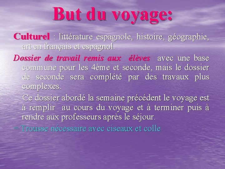 But du voyage: Culturel : littérature espagnole, histoire, géographie, art en français et espagnol.