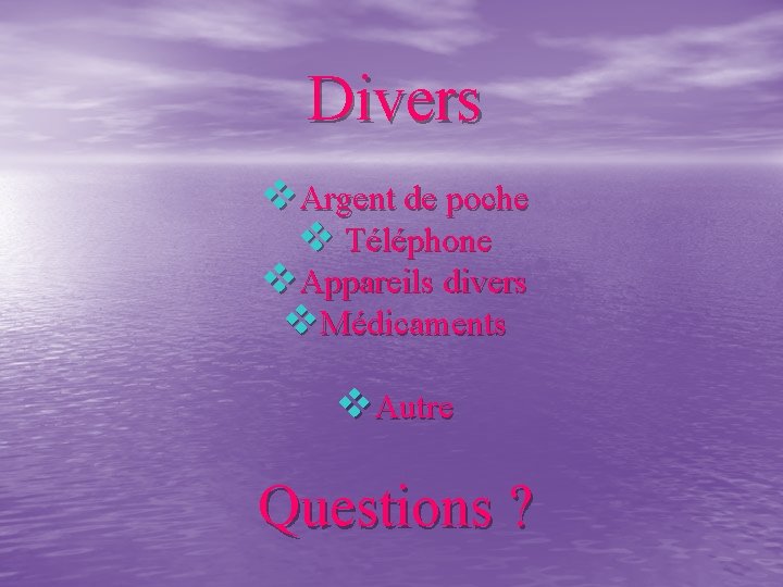 Divers v. Argent de poche v Téléphone v. Appareils divers v. Médicaments v. Autre