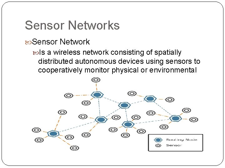 Sensor Networks Sensor Network Is a wireless network consisting of spatially distributed autonomous devices