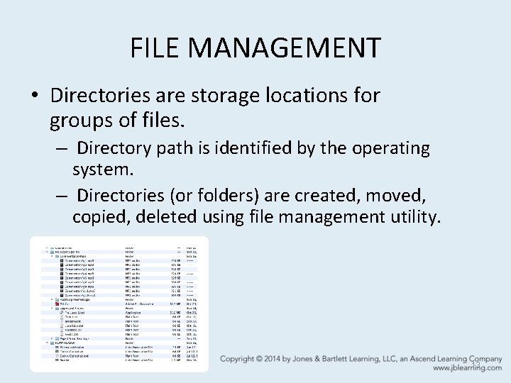 FILE MANAGEMENT • Directories are storage locations for groups of files. – Directory path