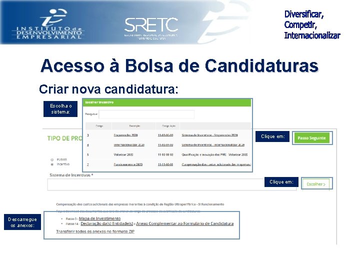 Acesso à Bolsa de Candidaturas Criar nova candidatura: Escolha o sistema: Clique em: Descarregue