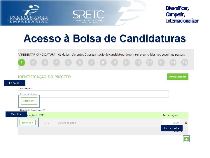 Acesso à Bolsa de Candidaturas Escolha: Insira Linha: 