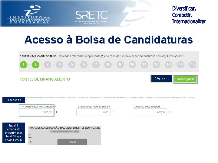 Acesso à Bolsa de Candidaturas Clique em: Preencha : Igual à coluna do investimento