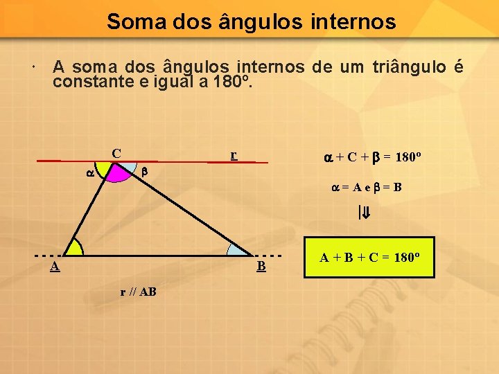 Soma dos ângulos internos A soma dos ângulos internos de um triângulo é constante