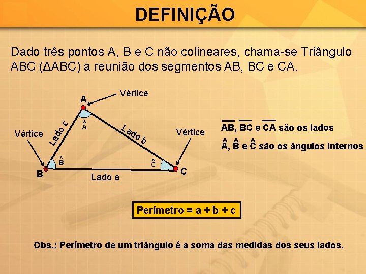 DEFINIÇÃO Dado três pontos A, B e C não colineares, chama-se Triângulo ABC (ΔABC)