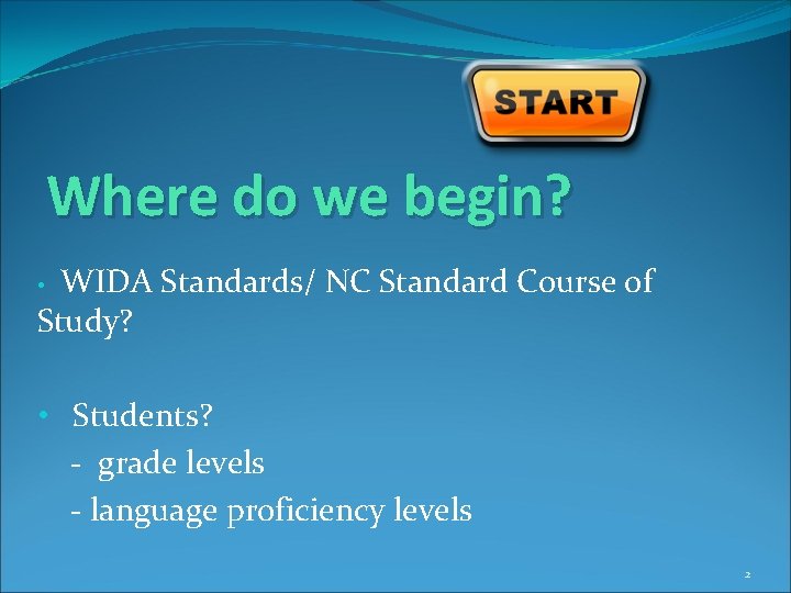 Where do we begin? • WIDA Standards/ NC Standard Course of Study? • Students?