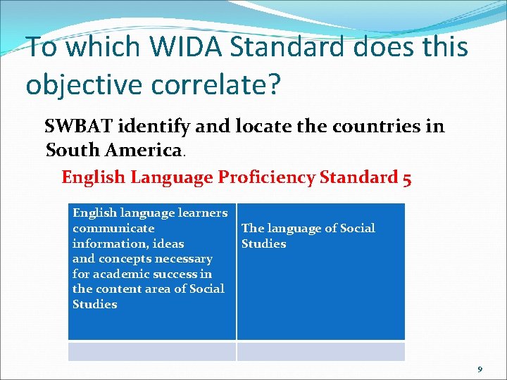 To which WIDA Standard does this objective correlate? SWBAT identify and locate the countries