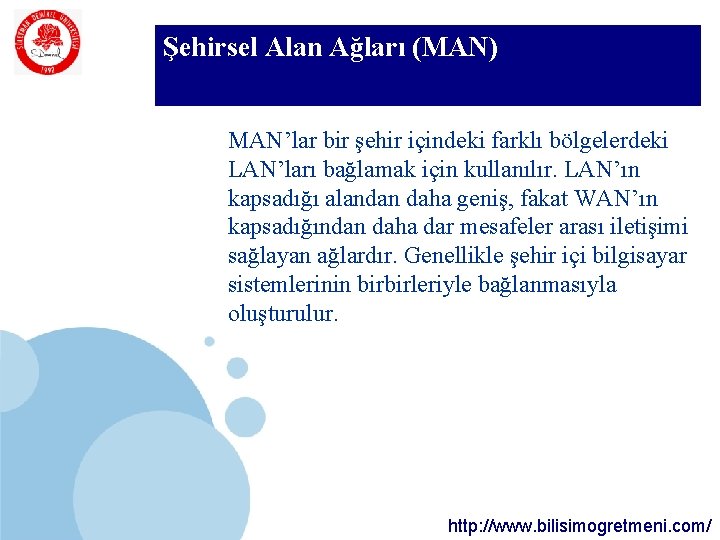 SDÜ Şehirsel Alan Ağları (MAN) KMYO MAN’lar bir şehir içindeki farklı bölgelerdeki LAN’ları bağlamak