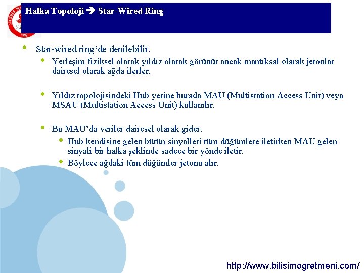 Halka Topoloji Star-Wired Ring SDÜ KMYO • Star-wired ring’de denilebilir. • Yerleşim fiziksel olarak