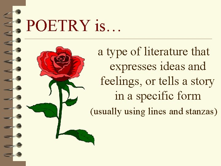 POETRY is… a type of literature that expresses ideas and feelings, or tells a