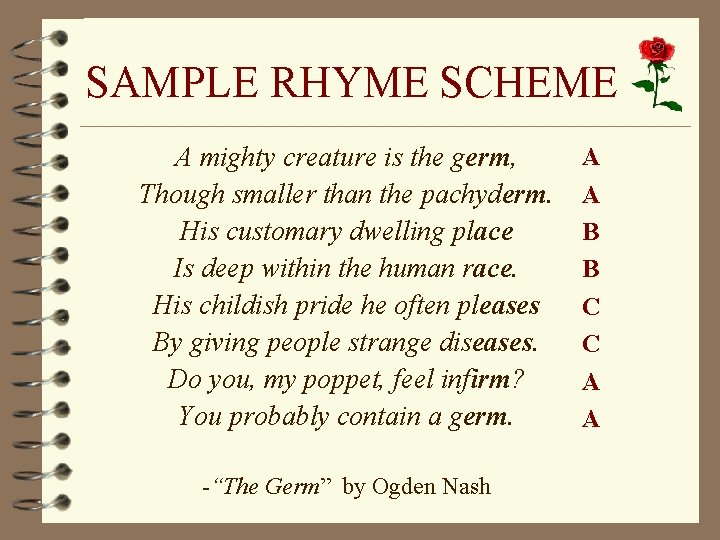 SAMPLE RHYME SCHEME A mighty creature is the germ, Though smaller than the pachyderm.