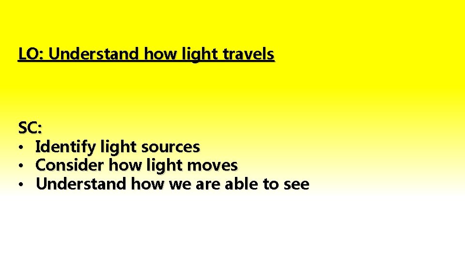 LO: Understand how light travels SC: • Identify light sources • Consider how light