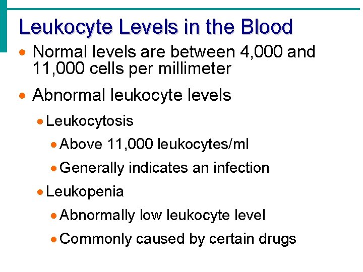 Leukocyte Levels in the Blood · Normal levels are between 4, 000 and 11,