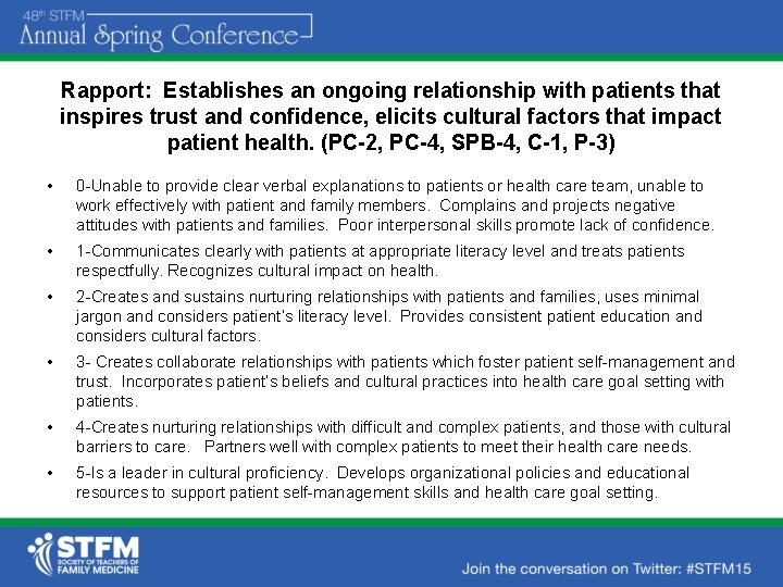 Rapport: Establishes an ongoing relationship with patients that inspires trust and confidence, elicits cultural
