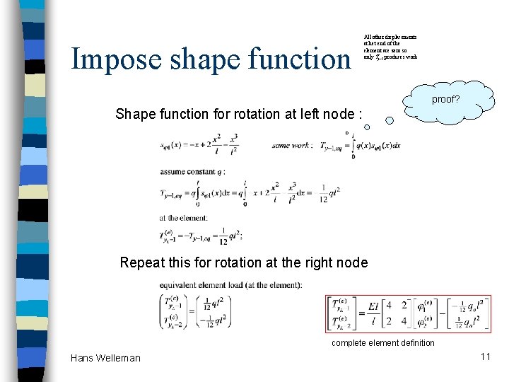 Impose shape function All other displacements at het end of the element are zero