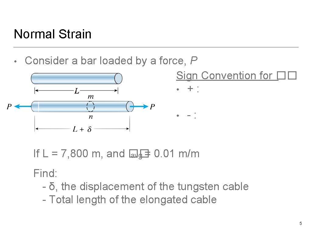 Normal Strain • Consider a bar loaded by a force, P Sign Convention for