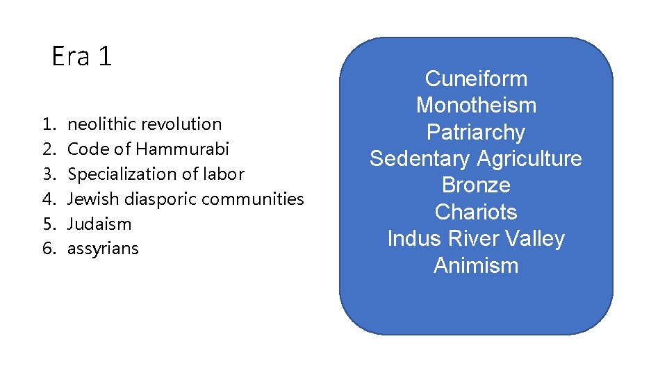 Era 1 1. 2. 3. 4. 5. 6. neolithic revolution Code of Hammurabi Specialization