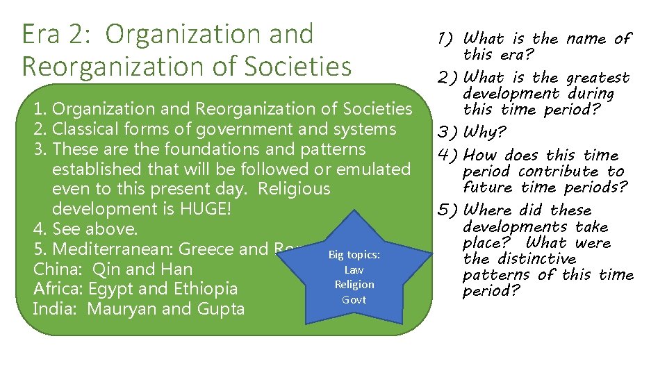 Era 2: Organization and Reorganization of Societies 1. Organization and Reorganization of Societies 2.