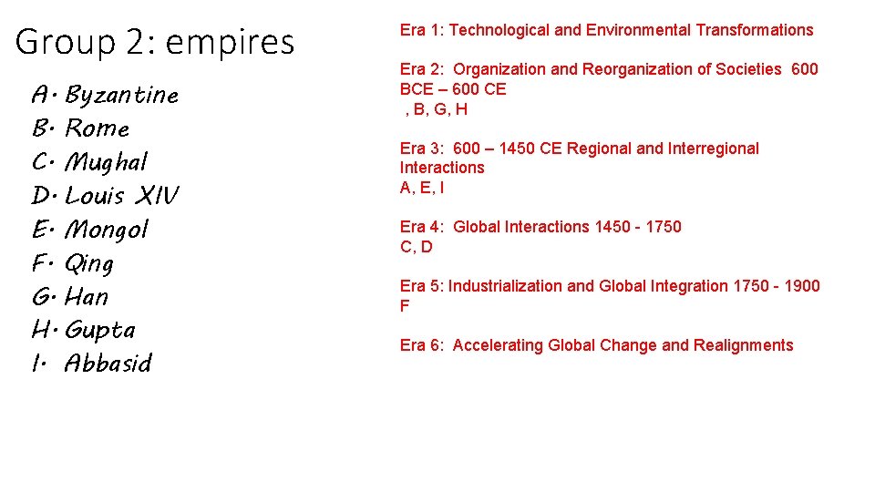 Group 2: empires A. Byzantine B. Rome C. Mughal D. Louis XIV E. Mongol