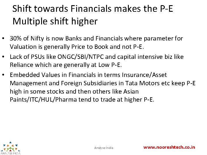 Shift towards Financials makes the P-E Multiple shift higher • 30% of Nifty is