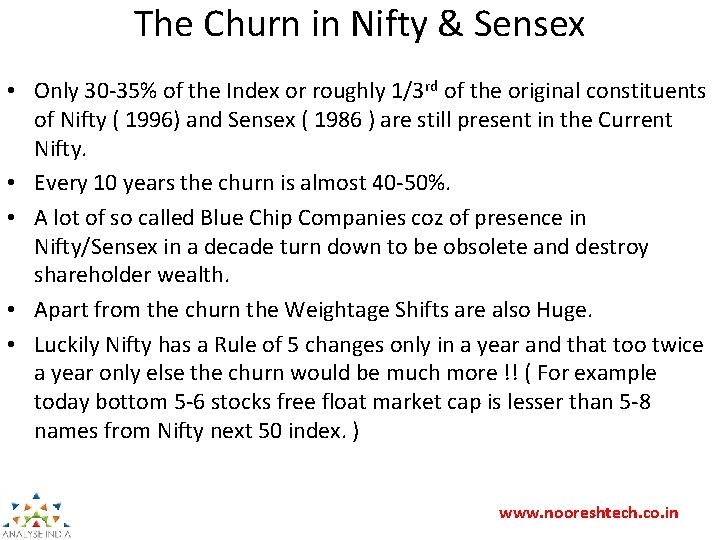 The Churn in Nifty & Sensex • Only 30 -35% of the Index or