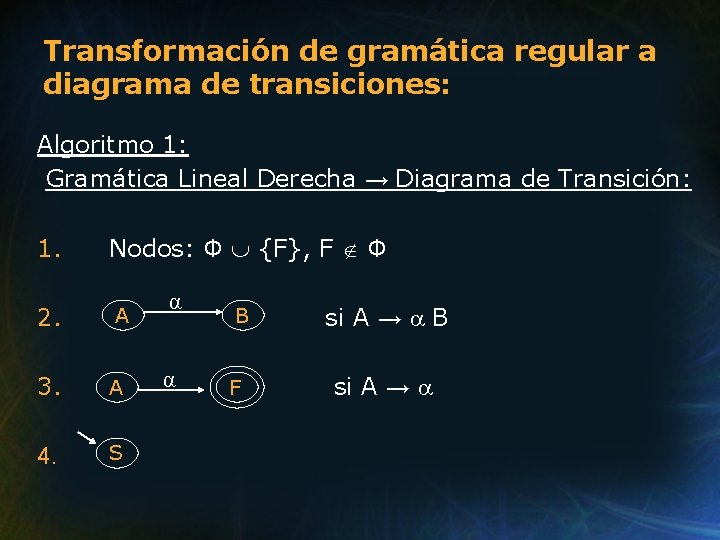 Transformación de gramática regular a diagrama de transiciones: Algoritmo 1: Gramática Lineal Derecha →