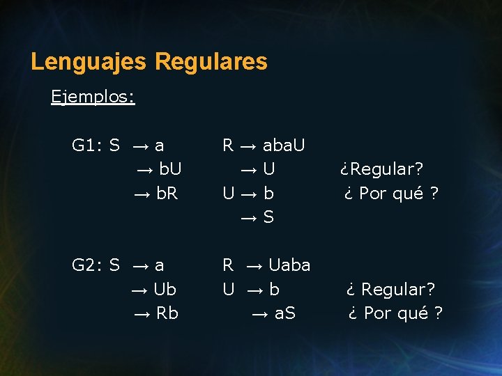 Lenguajes Regulares Ejemplos: G 1: S → a → b. U → b. R