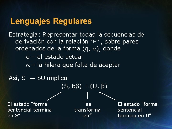 Lenguajes Regulares Estrategia: Representar todas la secuencias de derivación con la relación ”⊢” ,