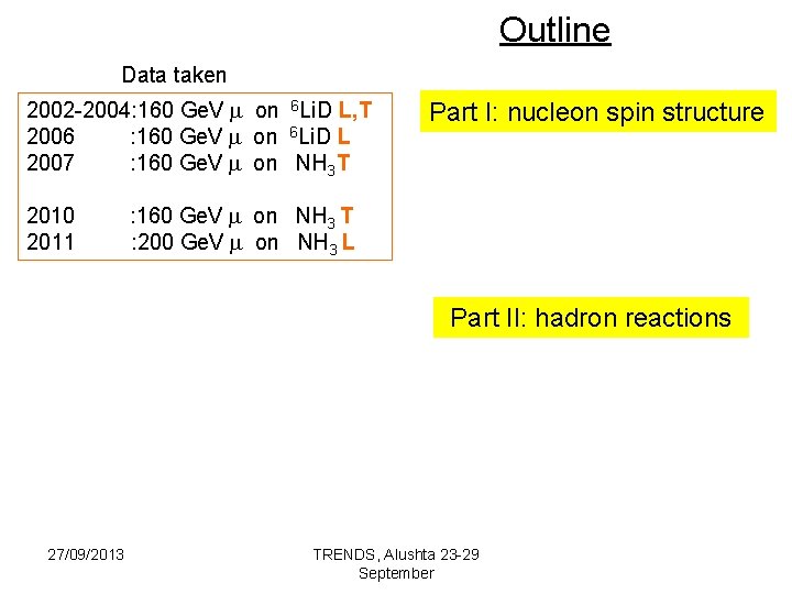 Outline Data taken 2002 -2004: 160 Ge. V on 6 Li. D L, T