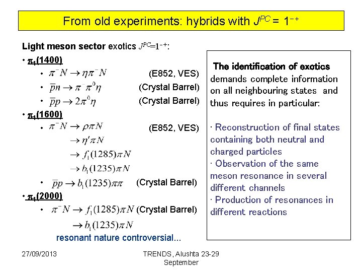 From old experiments: hybrids with JPC = 1−+ Light meson sector exotics JPC=1 -+: