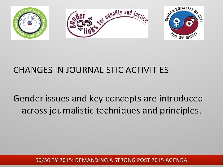 CHANGES IN JOURNALISTIC ACTIVITIES Gender issues and key concepts are introduced across journalistic techniques