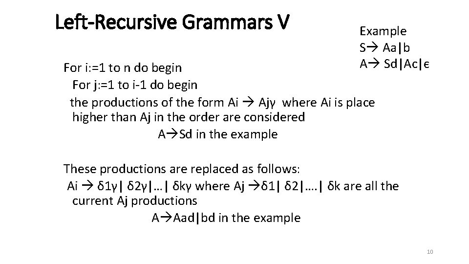 Left-Recursive Grammars V Example S Aa|b A Sd|Ac|є For i: =1 to n do