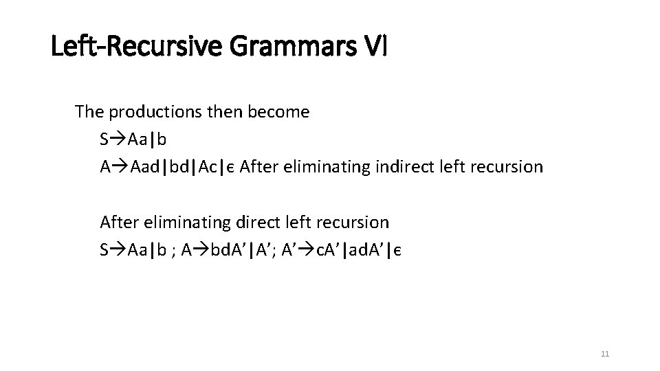 Left-Recursive Grammars VI The productions then become S Aa|b A Aad|bd|Ac|є After eliminating indirect
