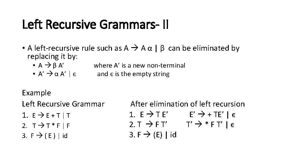 Left Recursive Grammars- II • A left-recursive rule such as A A α |