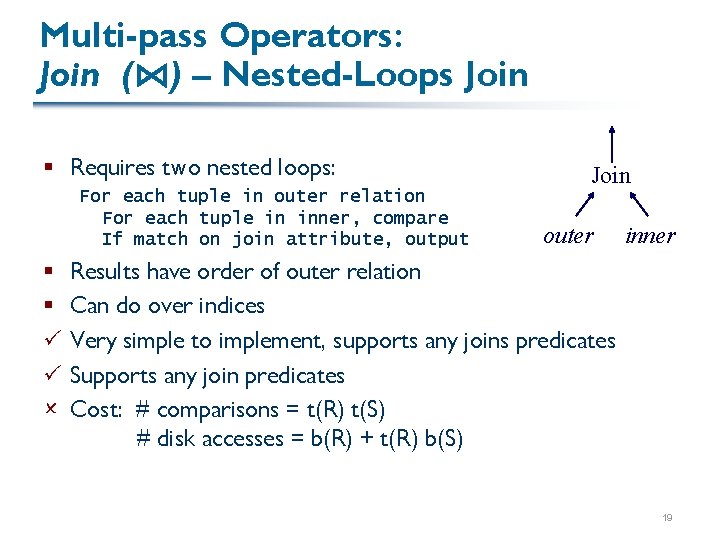 Multi-pass Operators: Join (⋈) – Nested-Loops Join § Requires two nested loops: For each