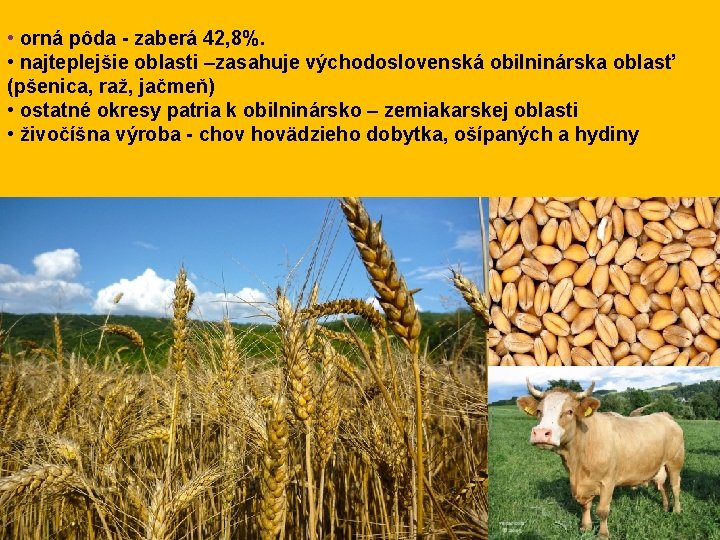  • orná pôda - zaberá 42, 8%. • najteplejšie oblasti –zasahuje východoslovenská obilninárska